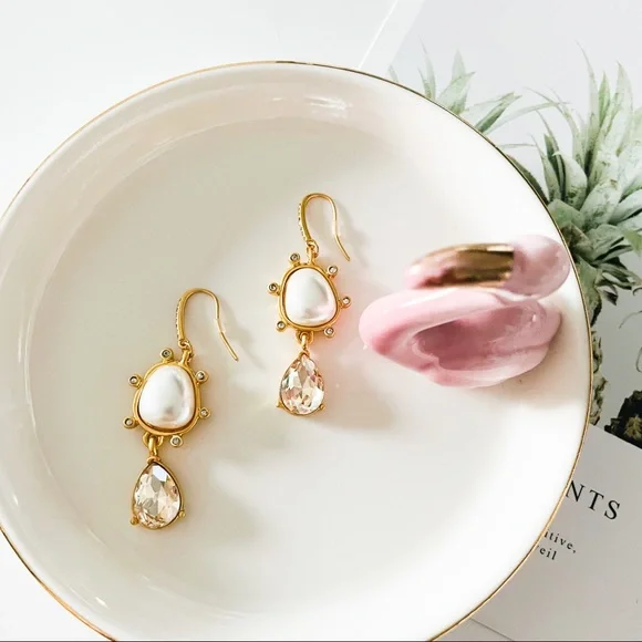 Oscar de la Renta Faux Pearl with Crystal Drop Earrings Green
